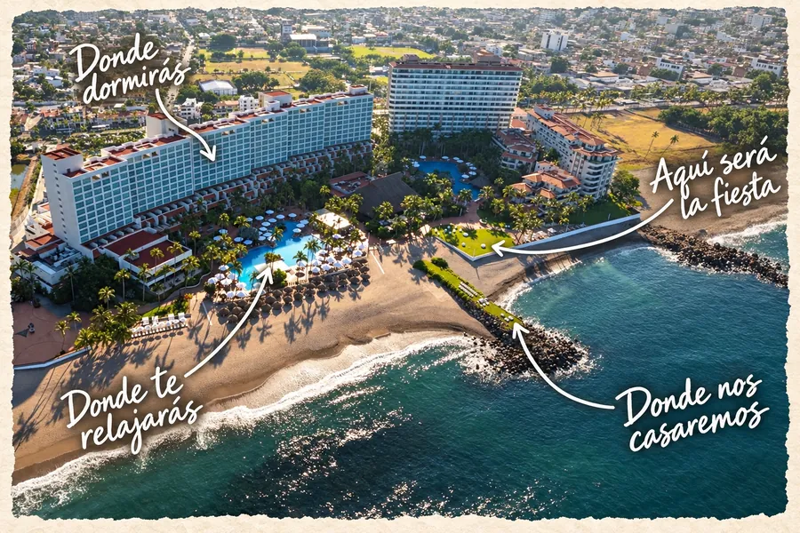 Postal aérea del Sheraton Buganvilias con notas manuscritas: la torre de habitaciones, la alberca, el jardín de la fiesta y el espigón de césped de la ceremonia.