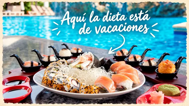 Platón de sushi junto a la alberca con la nota «Aquí la dieta está de vacaciones».