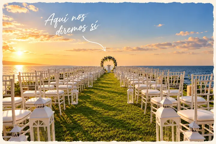 Postal del espigón de césped con sillas blancas y arco floral frente al mar al atardecer, con la nota «Aquí nos diremos sí».