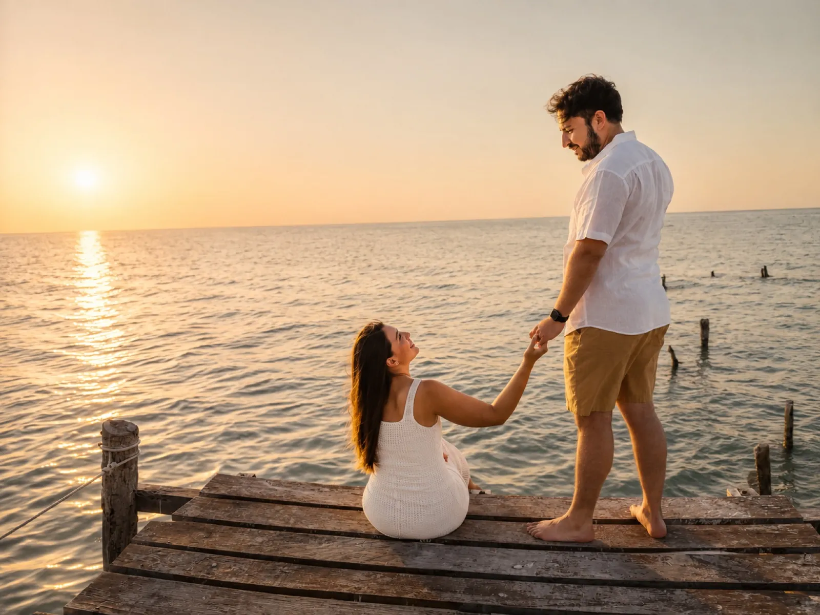 Gema sentada en un muelle de madera sonriéndole a Diego, que le toma la mano frente al mar al atardecer.
