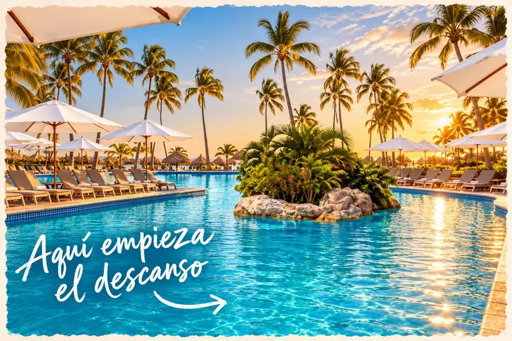 Postal de la alberca rodeada de palmeras al atardecer, con la nota «Aquí empieza el descanso».