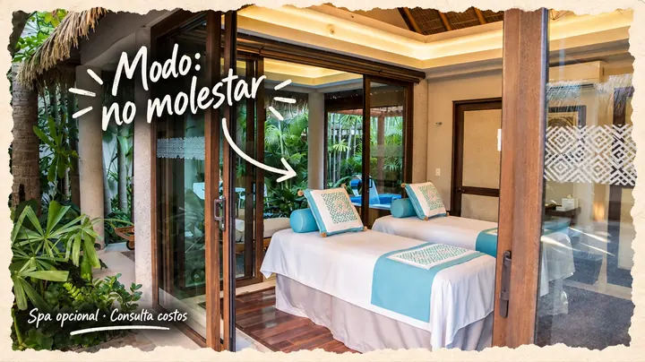 Cabina del spa con camillas y vegetación, con la nota «Modo: no molestar».
